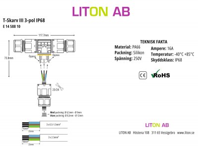 mattskiss och tekniska data for liton t skarv iii 3 pol ip68 e nummer 14 588 10