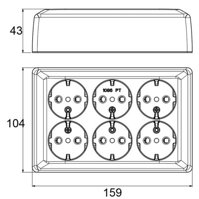 Måttskiss Elko RS Vägguttag 6-vägs UTP Jordat Renvit EKO07484