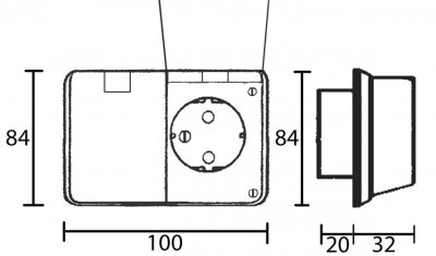 Måttskiss Infällt vägguttag 2-v med lock IP44 renvit EKO07478