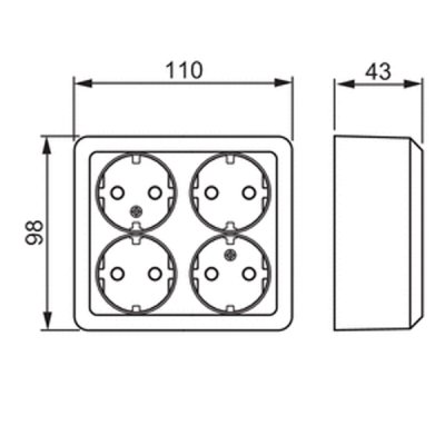 Måttskiss Jussi vägguttag 4-vägs utanpåliggande 2TKA001001G1 404EA