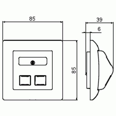 måttskiss saga nätverksuttag med 2-keystone modularjack