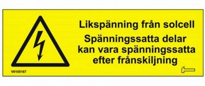 Skylt Likspänning från solcell 120x40 73300690194881